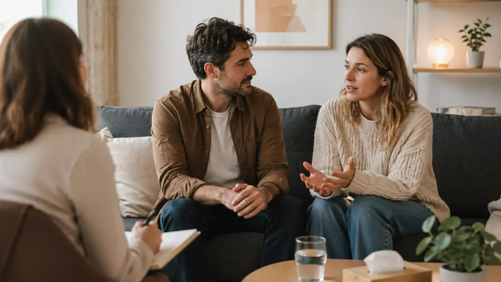 Couple en séance avec une thérapeute dans un cadre chaleureux pour choisir un thérapeute de couple et parler de communication, d’intimité et de sexualité