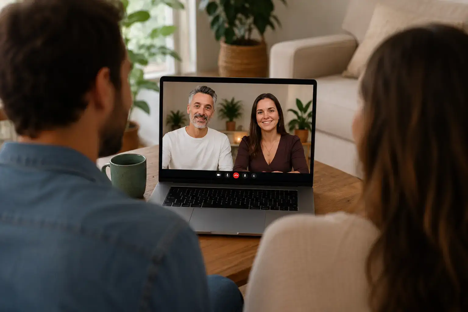 Couple en thérapie de couple en ligne depuis son salon, en visio avec un binôme thérapeute de couple et sexologue